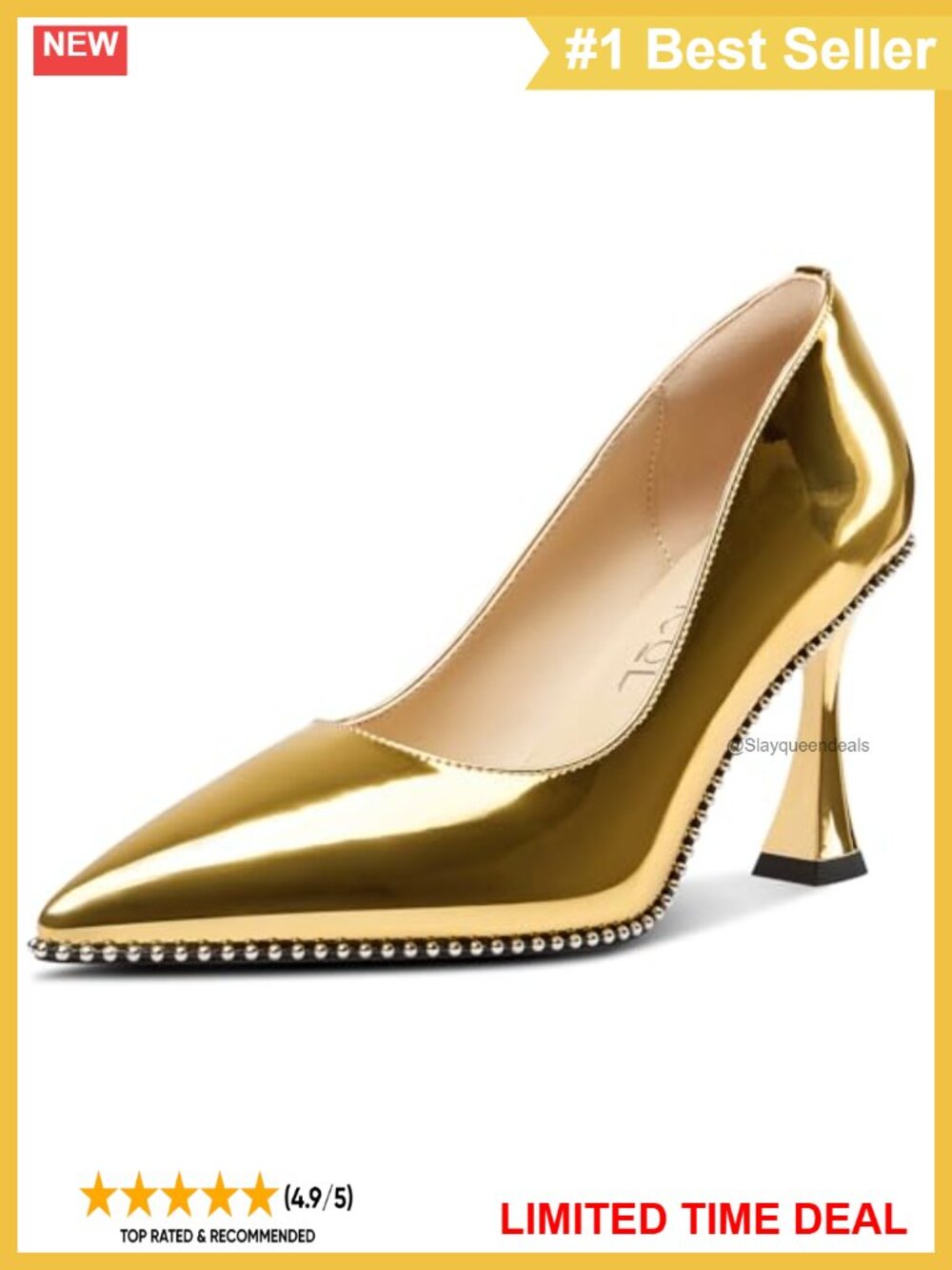 Patent Leather Pointed Toe Kitten Heel Slip-On Beaded Party Pumps